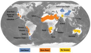 Global distribution of warm and cold desert ecosystems. From California Desert Plants (2022, Backcountry Press)